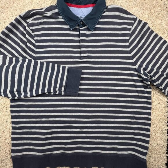 LL Bean Polo Shirt Mens XL Reg Long Sleeve Collared Blue Gray Cotton Striped - Picture 1 of 6
